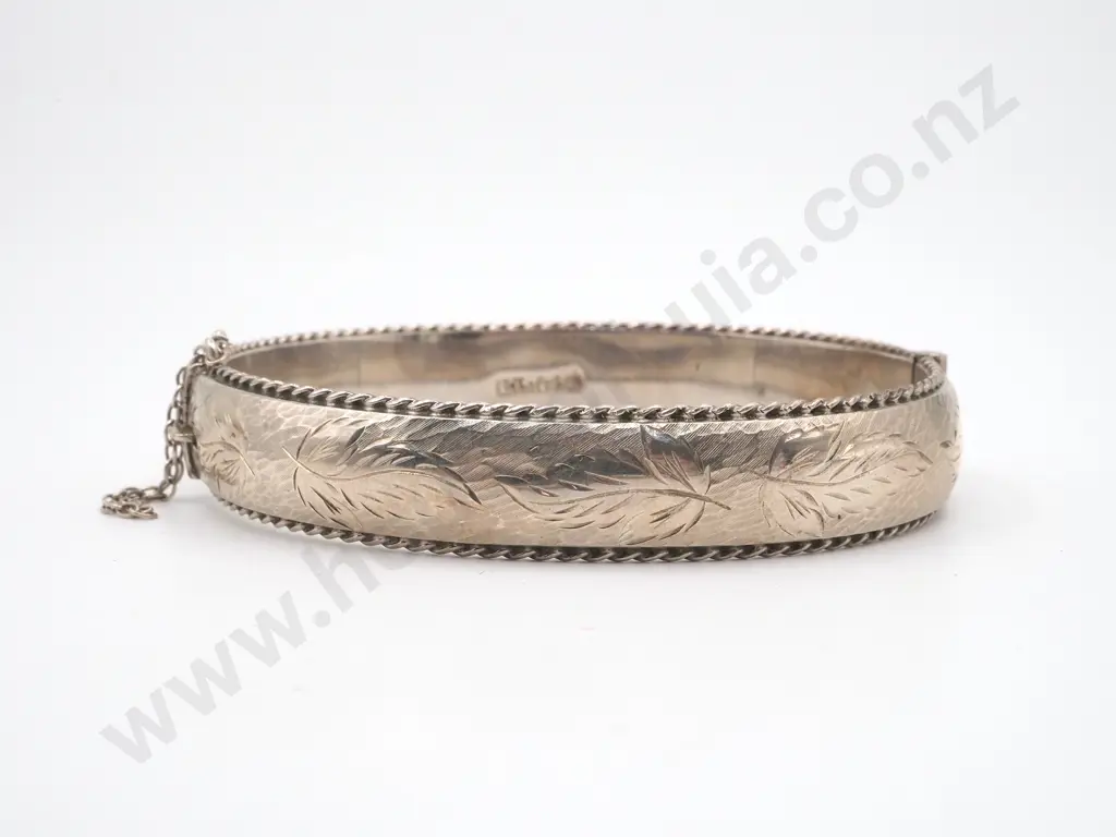 Sterling Silver Engraved Snap Bangle with Engraved Front  & Safety Chain Image 1++