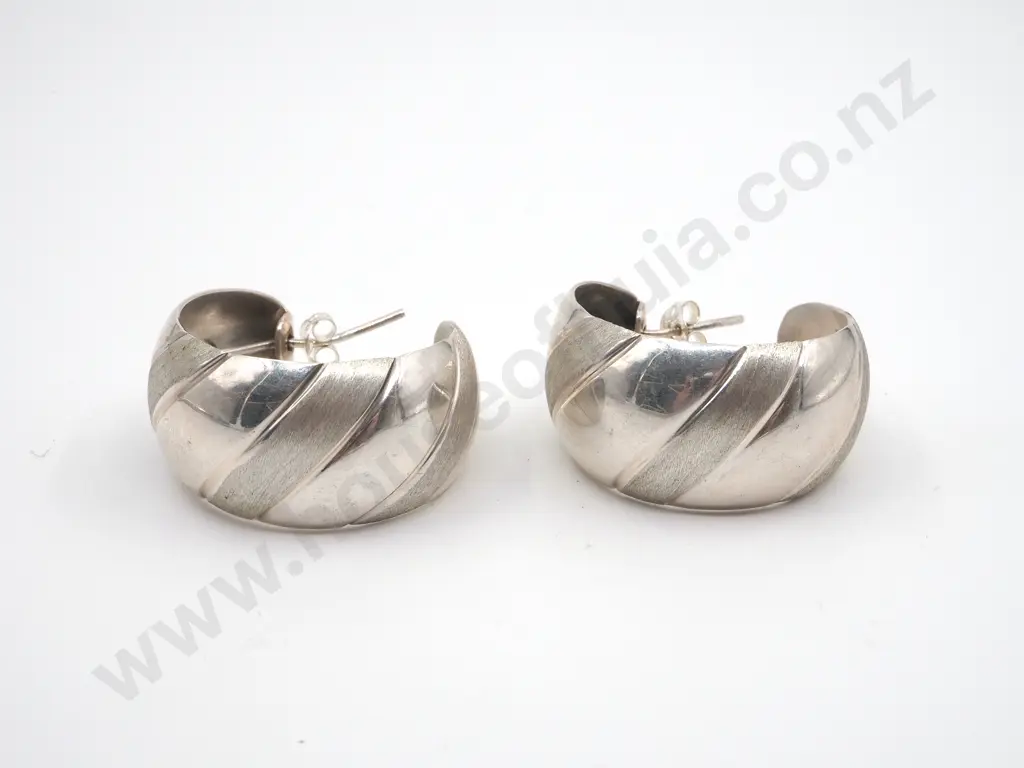 Pair of Mexican Sterling Silver Wide Hoop Earrings with Decorative Bands Image 1++