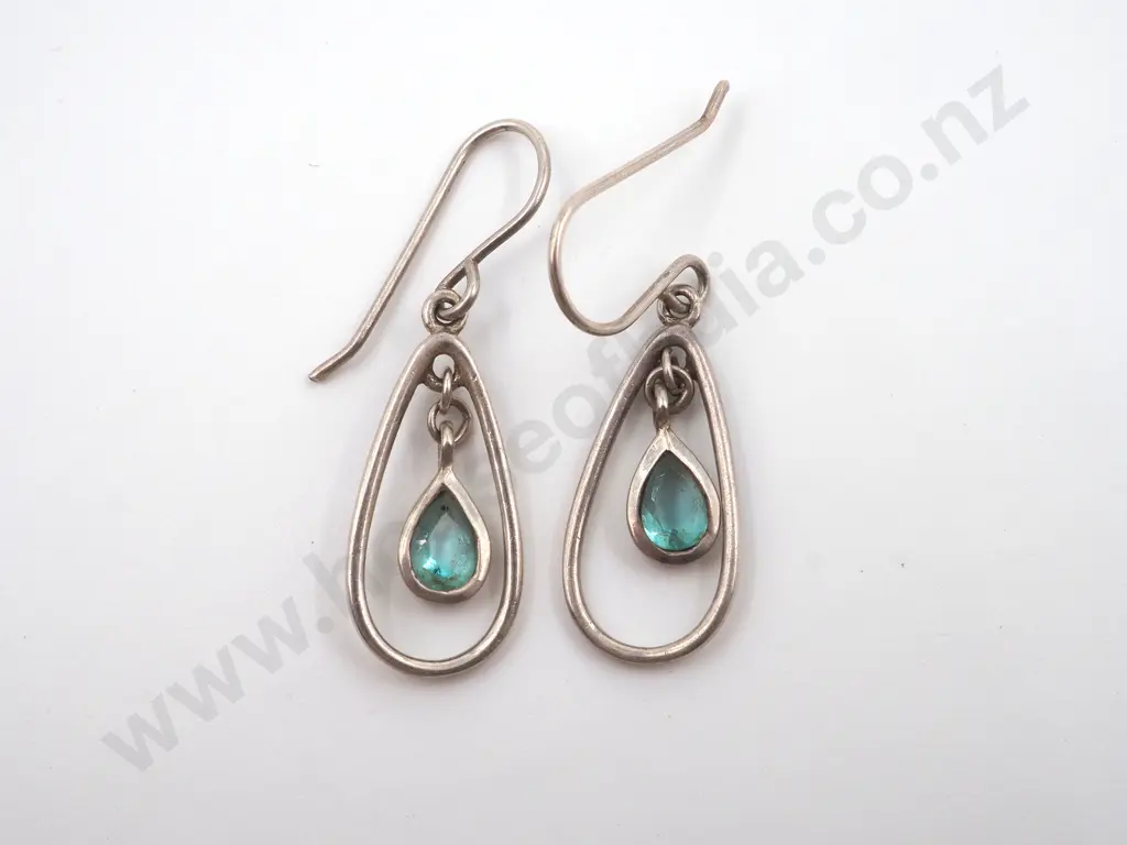 Pair Of Sterling Silver  Drop Earrings With Suspended Light Blue Stone. Possibly Aquamarine Image 1++
