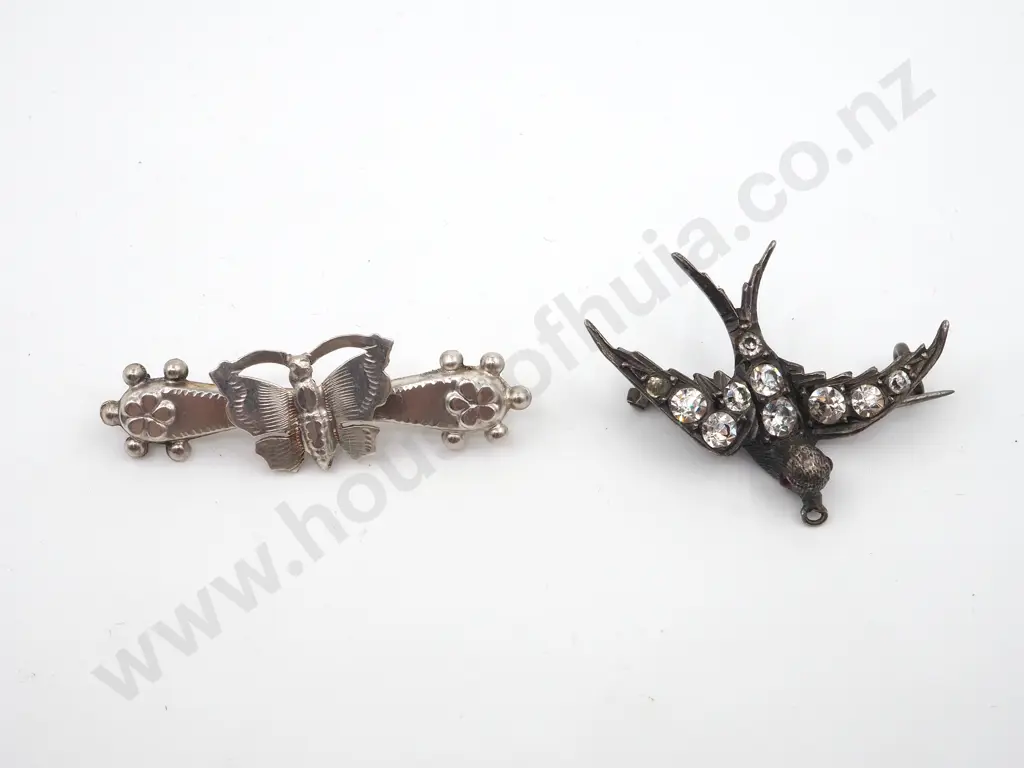 Two Vintage Brooches. One a Sterling Bar Brooch With Butterfly. The Other "Bluebird Of Happiness" with White Stones Image 1++