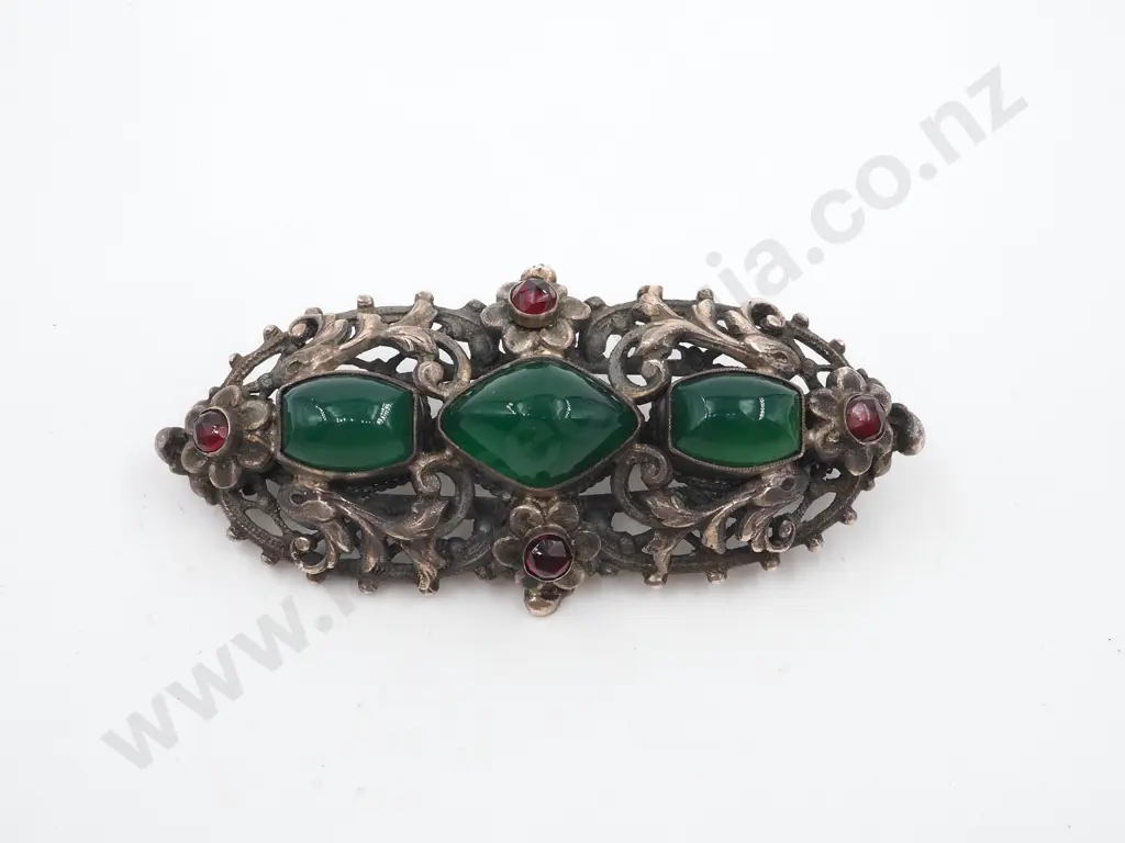Large Vintage Green & Red Stone Brooch Set In Sterling Silver Z.W & CO Image 1++