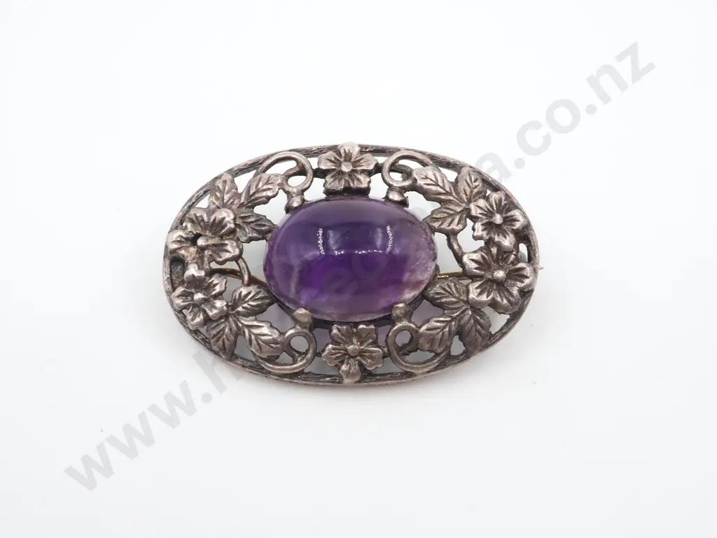 Sterling Silver Oval Brooch With Purple Cabochon Stone  Image 1++