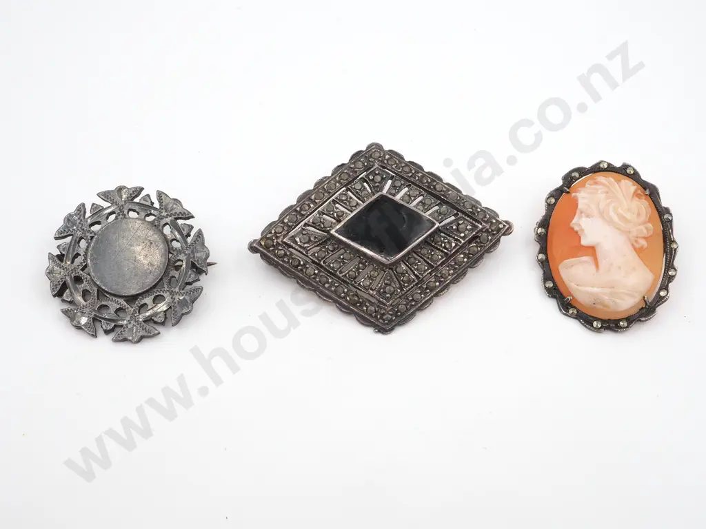 Three Vintage Sterling Silver Brooches Including A Diamond Shaped Marcasite Brooch With Black Stone Image 1++
