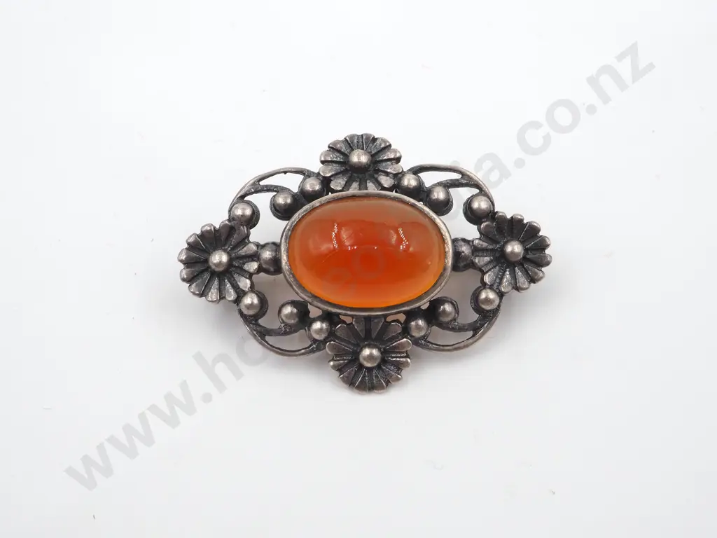 Amber & Sterling Silver Brooch With Embossed Floral Surround Image 1++