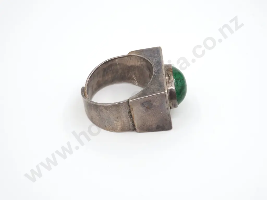 Large Modernist Rectangular Ring Set with An Oval Green Stone Image 1++