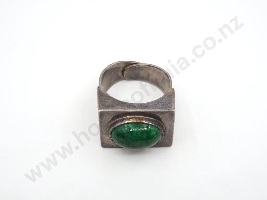 Large Modernist Rectangular Ring Set with An Oval Green Stone Image 1++