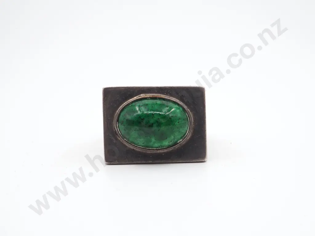 Large Modernist Rectangular Ring Set with An Oval Green Stone Image 1++