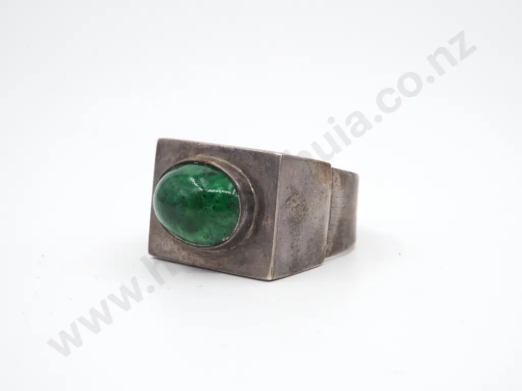 Large Modernist Rectangular Ring Set with An Oval Green Stone Image 1++