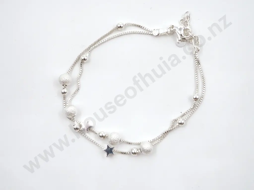 Double Strand Bead & Heart Shaped  Sterling Silver Bracelet Image 1++