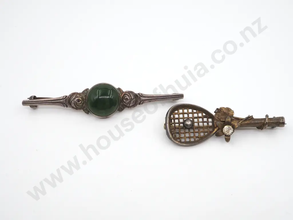 Antique Sterling Silver Brooch In The Form Of A Tennis Racket & A Bar Brooch Set With A Greenstone Image 1++