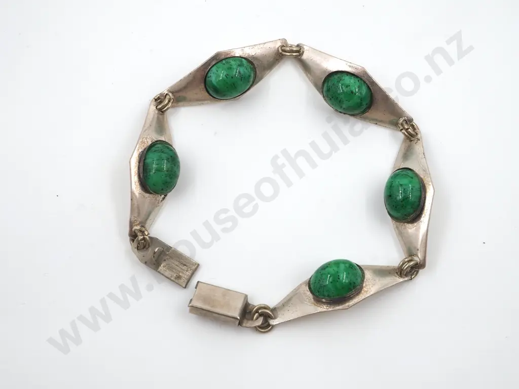 Sterling Silver Fancy Link Bracelet Inset With Green Stones Image 1++