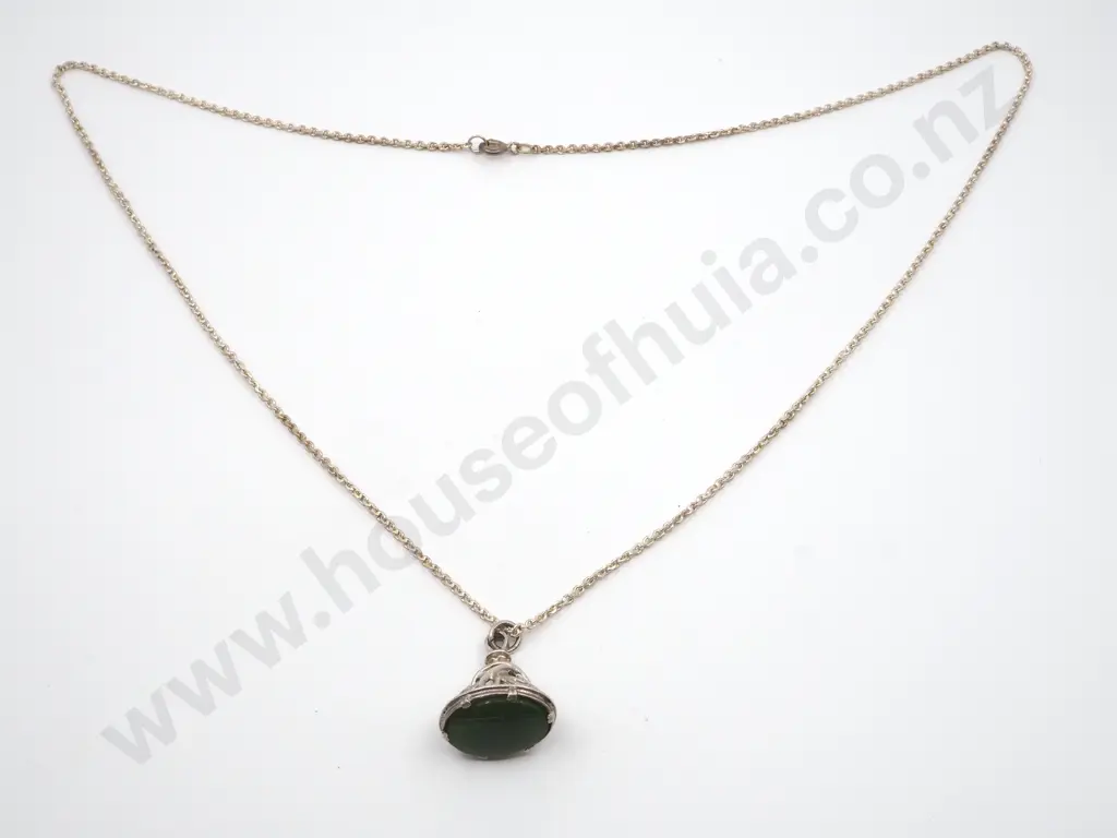 Sterling Silver Fob Set With Greenstone On a Chain Image 1++