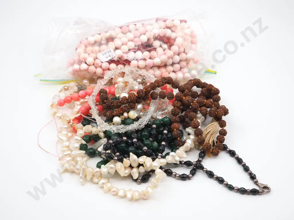 Assortment Of Necklaces Including   Mossy Agate, Coral & Jet Coloured Beads Image 1++