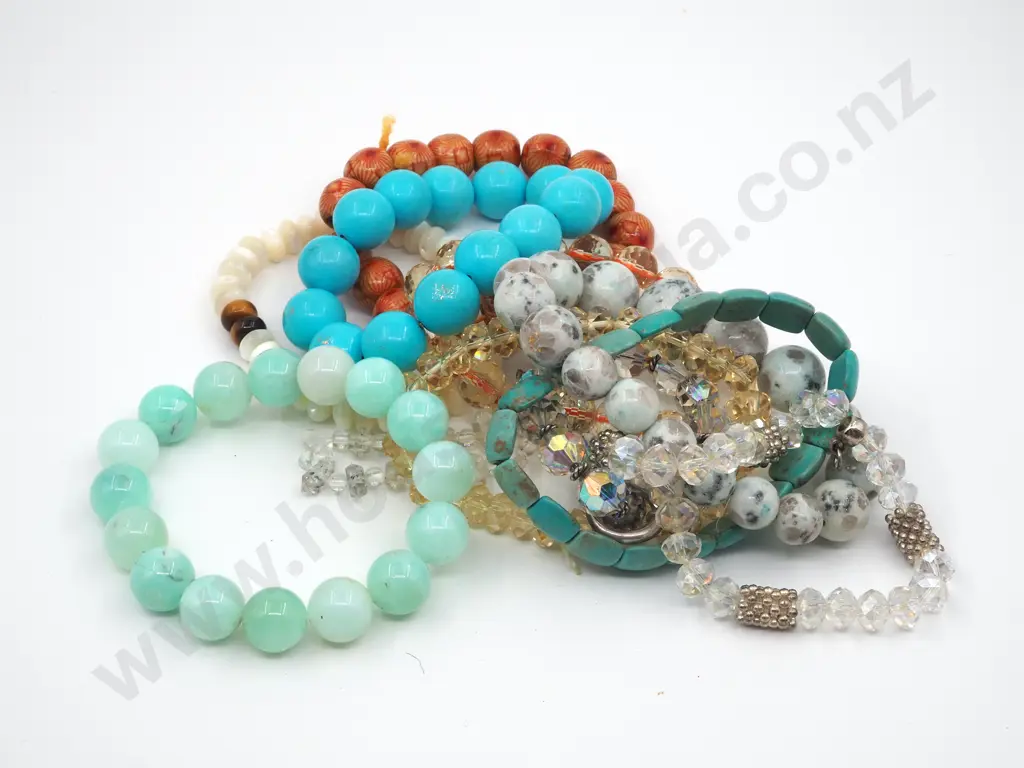 Collection Of Coloured Stone & Wooden Bandles In Turquoise, MOP & Crystal Colours Image 1++