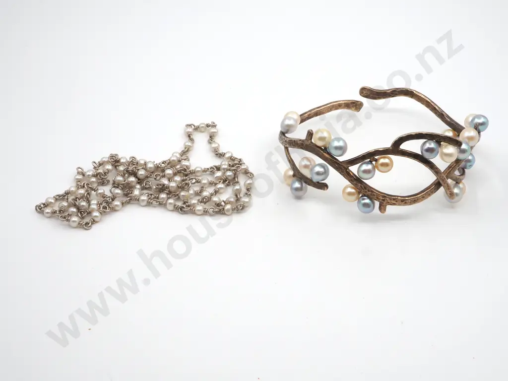 Pearl & Copper Fancy Bracelet & a String Of French Wire & Pearl Beads  Image 1++