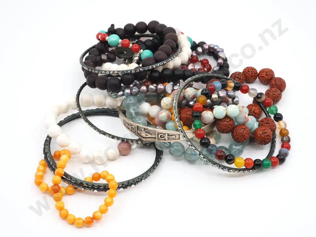 Bag ContaIning Elasticized  Coloured Stone Bracelets, Wooden Bracelets & White Metal Bangles   Image 1++