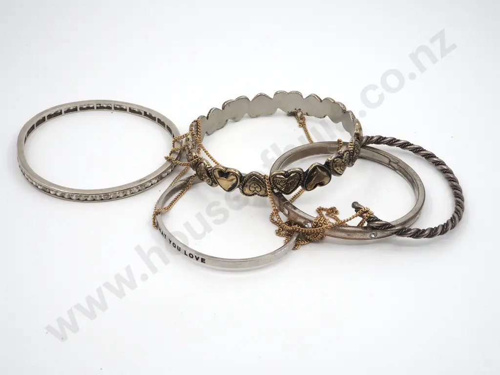 Five Silver On Base Metal  Coloured Bangles. Some With Stones. Image 1++