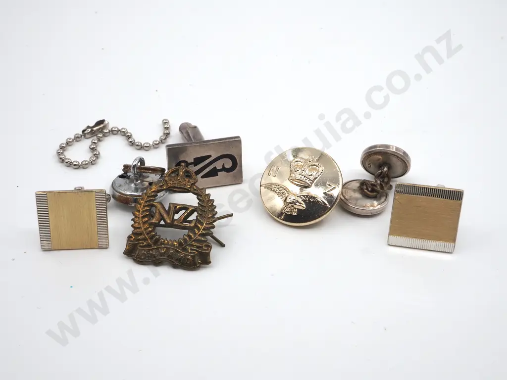 Pair Of Gold & Silver Tone Sterling Cufflinks, One Odd Sterling Cufflink, NZ  Onwards Badge & Two Military Buttons Image 1++