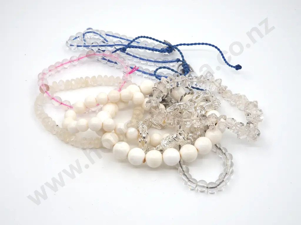 Clear Stone Beads with Pink & Blue Stringing, Crystal Beads, White Beads & A Silver Bracelet Stamped 925   Image 1++