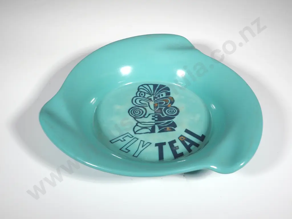 Melamine Ashtray For TEAL Airways. Teal Ground With Tiki Motif & "Fly Teal" Image 1++