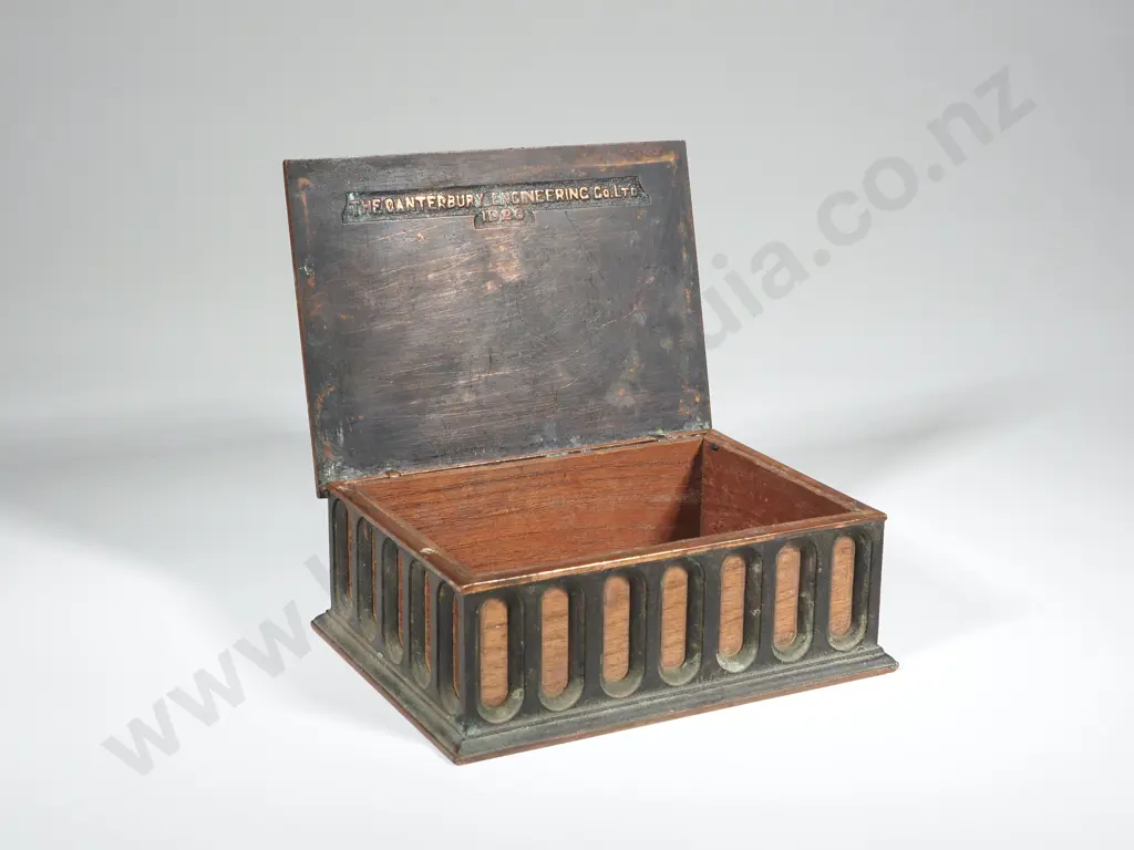 Copper & Oak Cigarette Case. Present from "The Canterbury Engineering Co. Ltd 1926" Image 1++