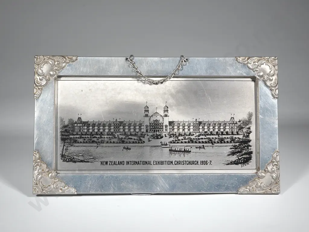 Aluminium Plaque Advertising New Zealand International Exhibition, Christchurch 1906-7. Image 1++