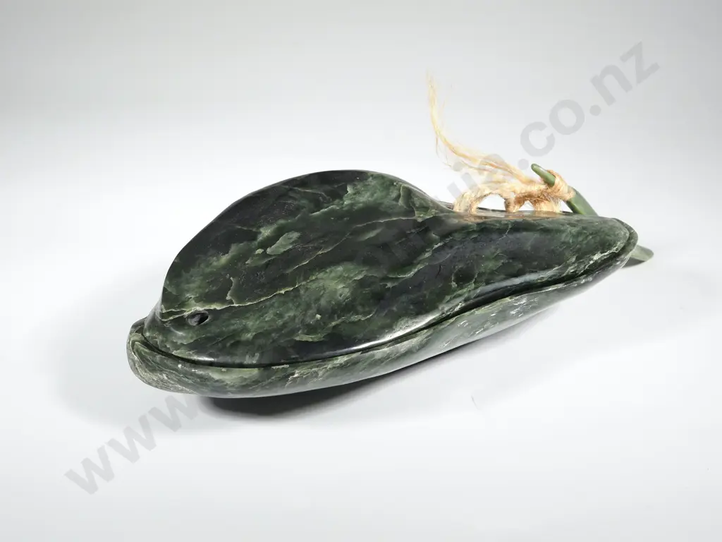 Polished Greenstone Box In The Form Of An Oyster Shell With An Attached Pendant on Cord. 19 x 13 cms Image 1++