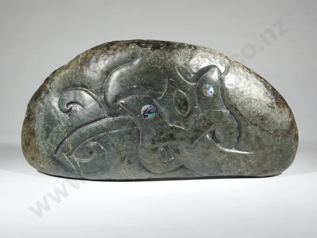 Large Greenstone Bolder Carved with a Tiki & Set W Paua Shell Eyes. Image 1++