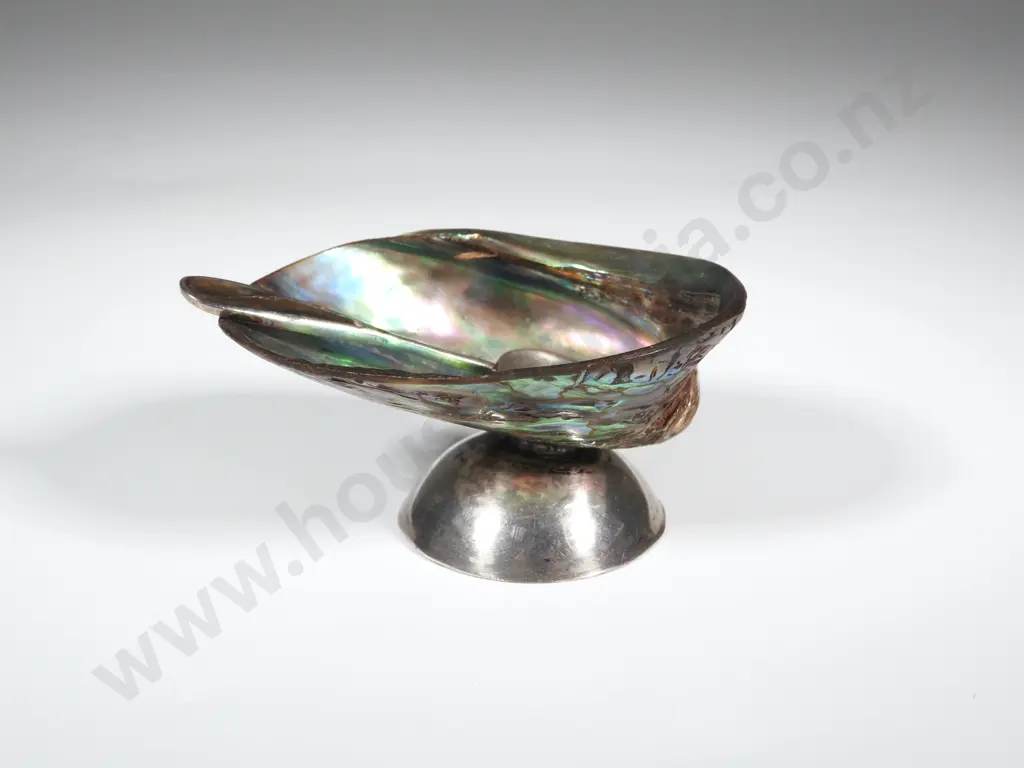 Small Paua Shell Salt  With Sterling Silver Base & An Accompanying Silver Salt Spoon  with Paua Shell Handle Image 1++