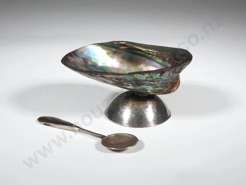 Small Paua Shell Salt  With Sterling Silver Base & An Accompanying Silver Salt Spoon  with Paua Shell Handle Image 1++