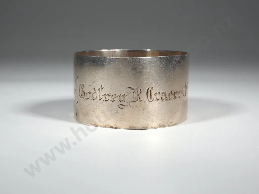 New Zealand Sterling Silver Napkin Ring  G Coates & Co. Christchurch. "Godfrey R. Cracroft Wilson From Grandpa. Image 1++