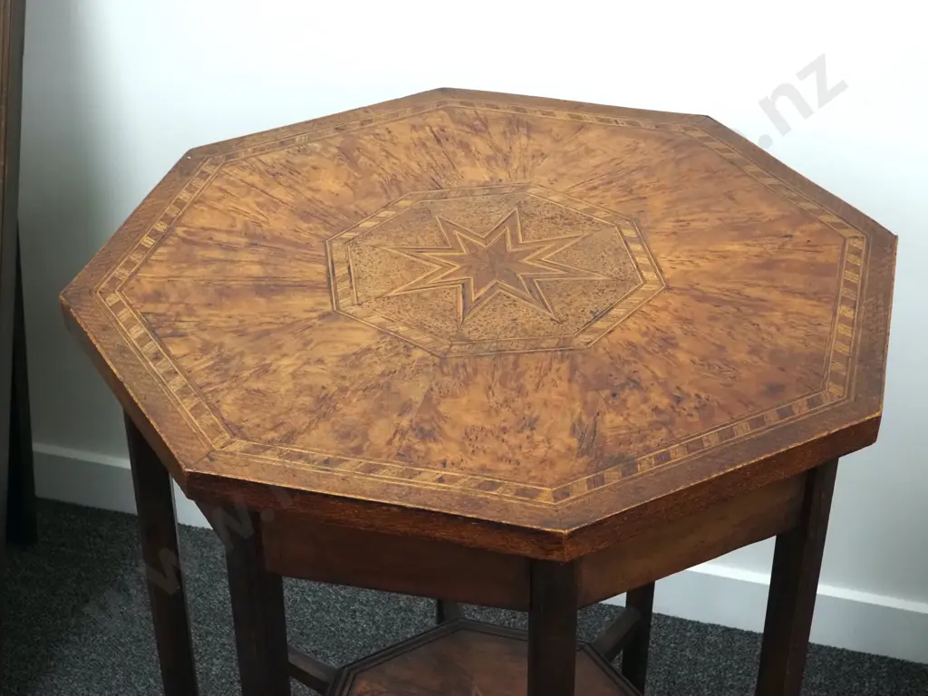 Inlaid  Octagonal Marquetry Side Table Featuring Burr Totara, Kauri, Rewa Rewa Kahikate Etc. In The Manner Of Jewell Image 1++