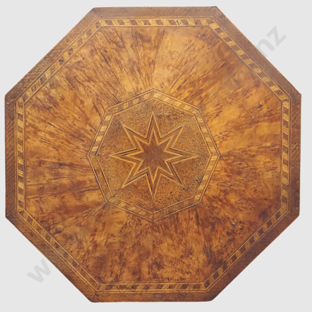 Inlaid  Octagonal Marquetry Side Table Featuring Burr Totara, Kauri, Rewa Rewa Kahikate Etc. In The Manner Of Jewell Image 1++
