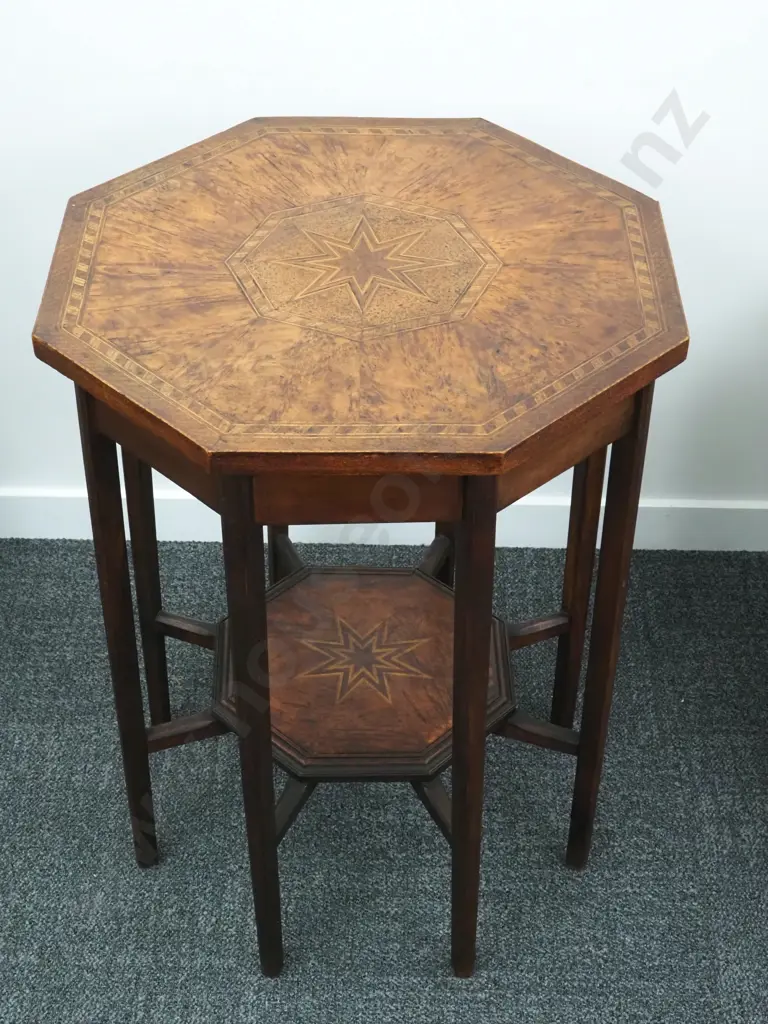 Inlaid  Octagonal Marquetry Side Table Featuring Burr Totara, Kauri, Rewa Rewa Kahikate Etc. In The Manner Of Jewell Image 1++