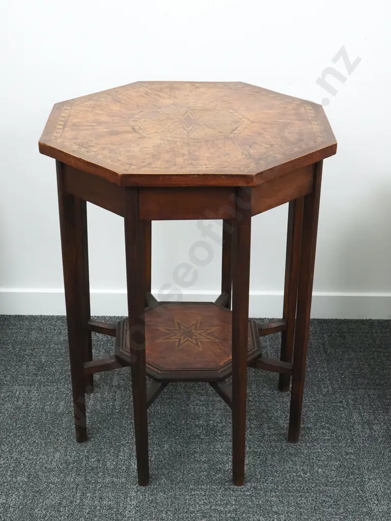 Inlaid  Octagonal Marquetry Side Table Featuring Burr Totara, Kauri, Rewa Rewa Kahikate Etc. In The Manner Of Jewell Image 1++
