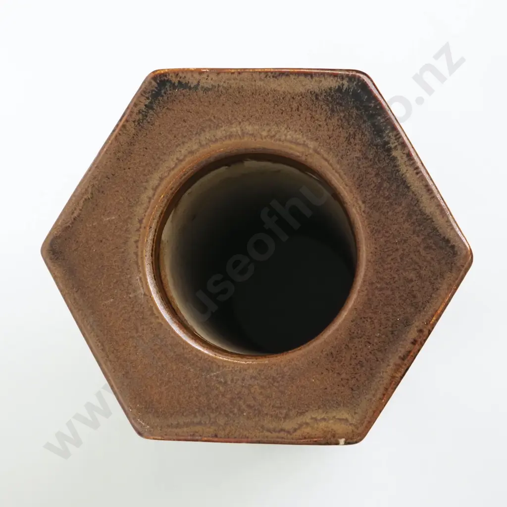 Very Heavy Temuka Pottery Hexagonal Lamp Base w Brown & Ochre Glaze Image 1++