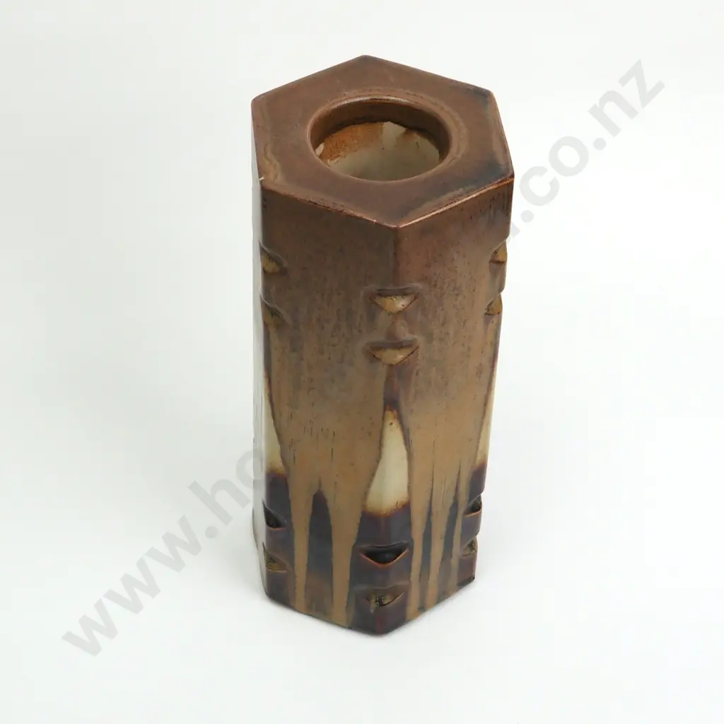 Very Heavy Temuka Pottery Hexagonal Lamp Base w Brown & Ochre Glaze Image 1++