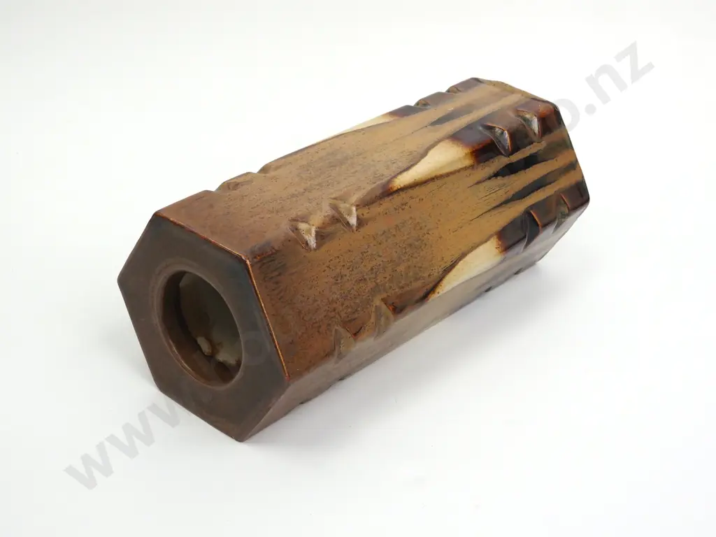 Very Heavy Temuka Pottery Hexagonal Lamp Base w Brown & Ochre Glaze Image 1++