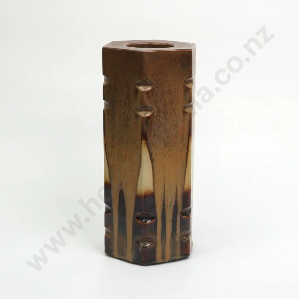 Very Heavy Temuka Pottery Hexagonal Lamp Base w Brown & Ochre Glaze Image 1++