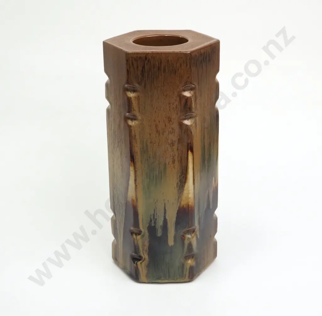 Very Heavy Temuka Pottery Hexagonal Lamp Base w Brown & Ochre Glaze Image 1++