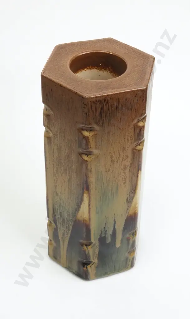 Very Heavy Temuka Pottery Hexagonal Lamp Base w Brown & Ochre Glaze Image 1++