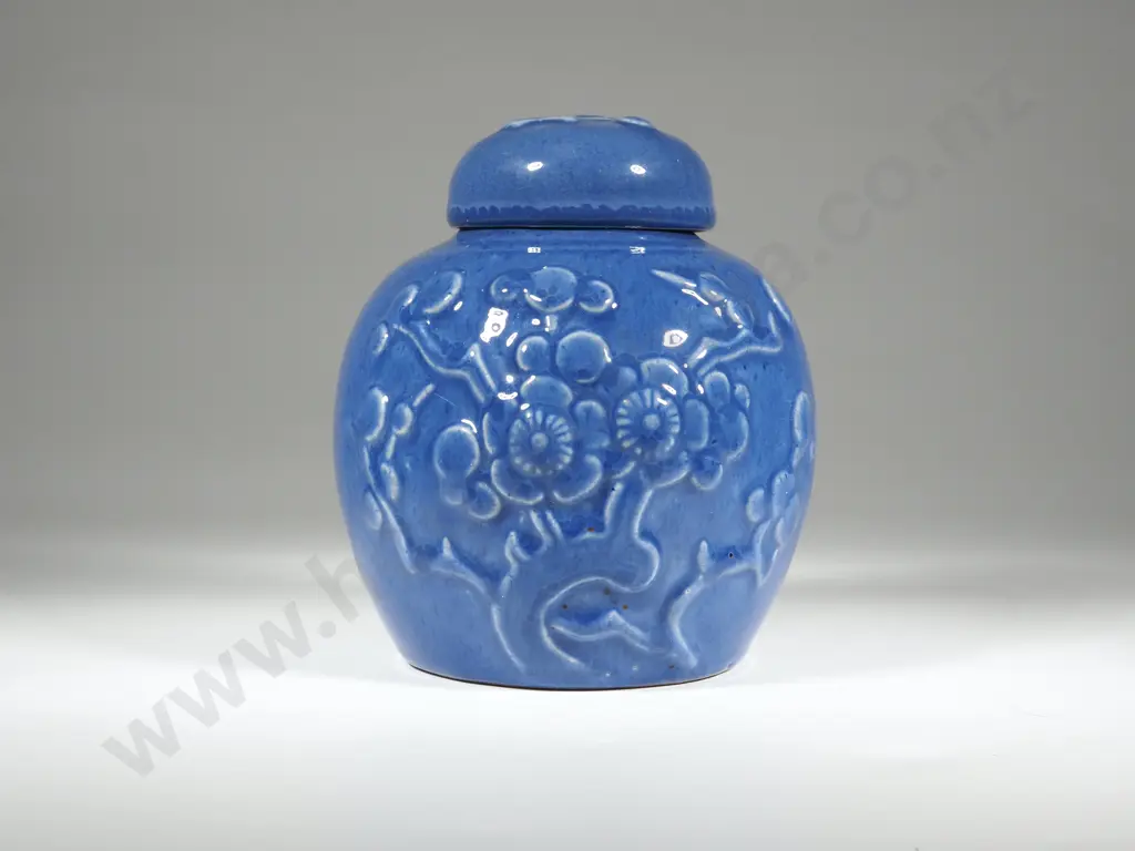 Crown Lynn Sky Blue  Ginger Jar w Moulded Apple Blossom Decoration Image 1++