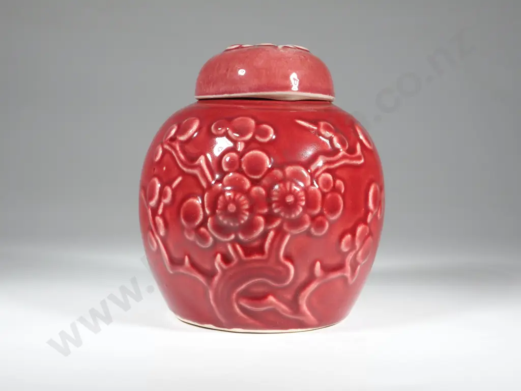 Crown Lynn Crimson Ginger Jar w Moulded Apple Blossom Decoration Image 1++