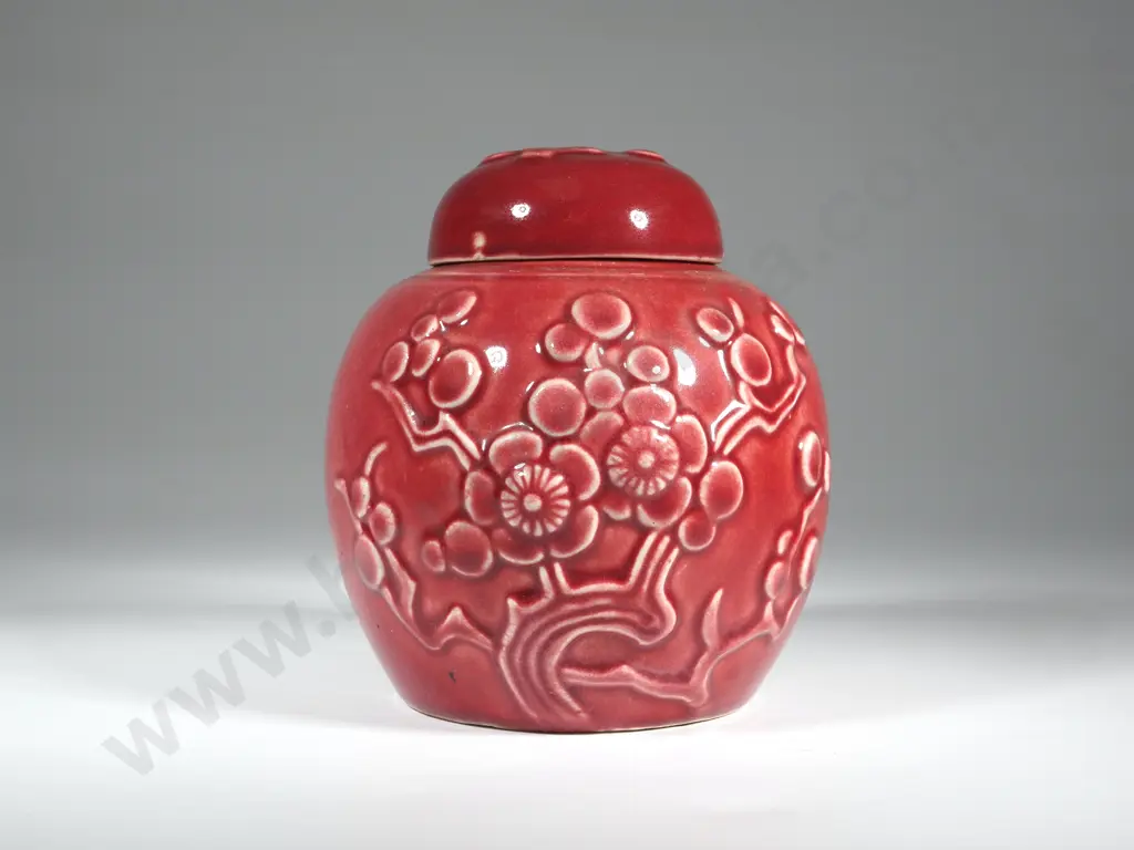 Crown Lynn Crimson Ginger Jar w Moulded Apple Blossom Decoration Image 1++