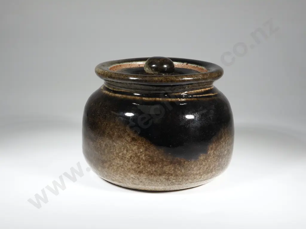 Lidded HIghly Glazed Pot In Greens & Browns  Image 1++
