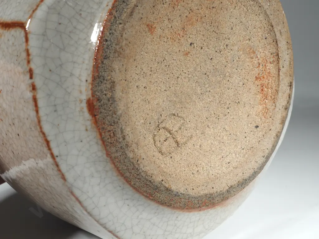 Crackle Glaze Lidded Canister- Grey Ground w Orange Underglaze Accents & Light Brown Internal Glaze. Image 1++