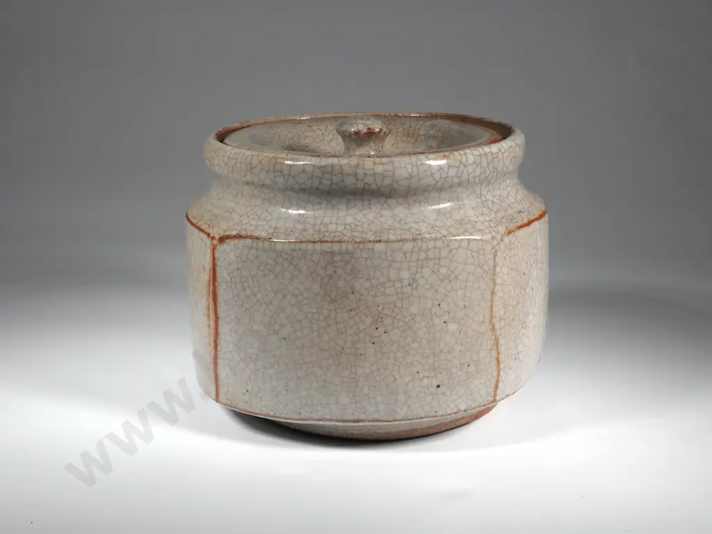 Crackle Glaze Lidded Canister- Grey Ground w Orange Underglaze Accents & Light Brown Internal Glaze. Image 1++