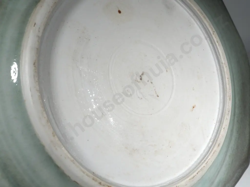 An Oblong Glazed Ceramic Plate - Green Ground w Brown Overlay & Sgrafitto Accents Image 1++