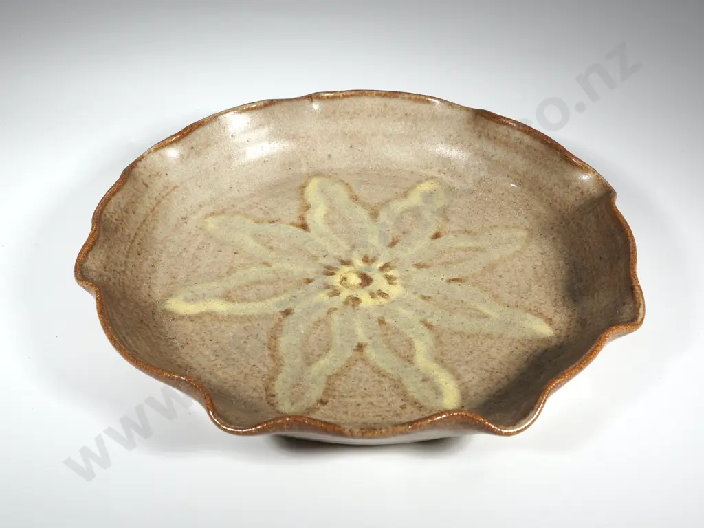 Bisque Glazed Trinket Dish w Wavy Rim.  Grey Ground w Brown Overlay &  Internal Yellow Flower W Brown Accents Image 1++