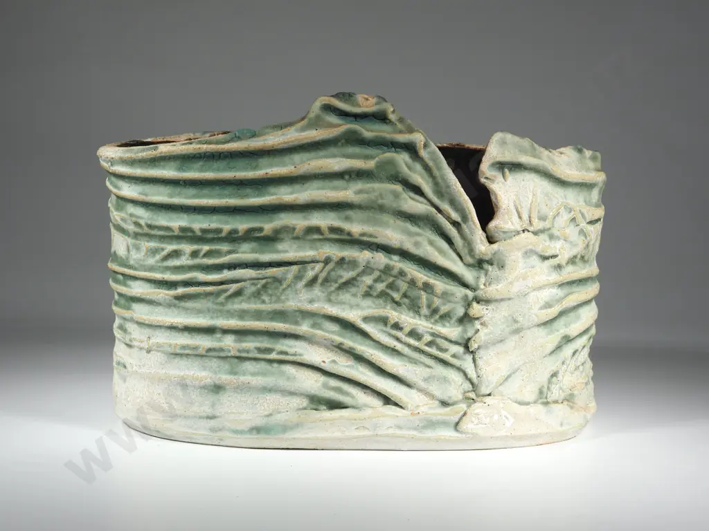 Abstract Green & White Striated Vase - New Zealand Pottery Image 1++